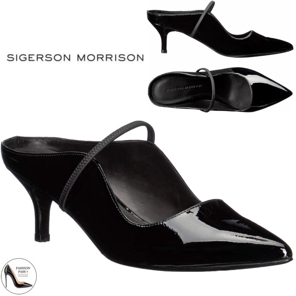 SIGERSON MORRISON Beryl Mule Pumps Ponted Toe Black Patent Leather Heeled Shoes